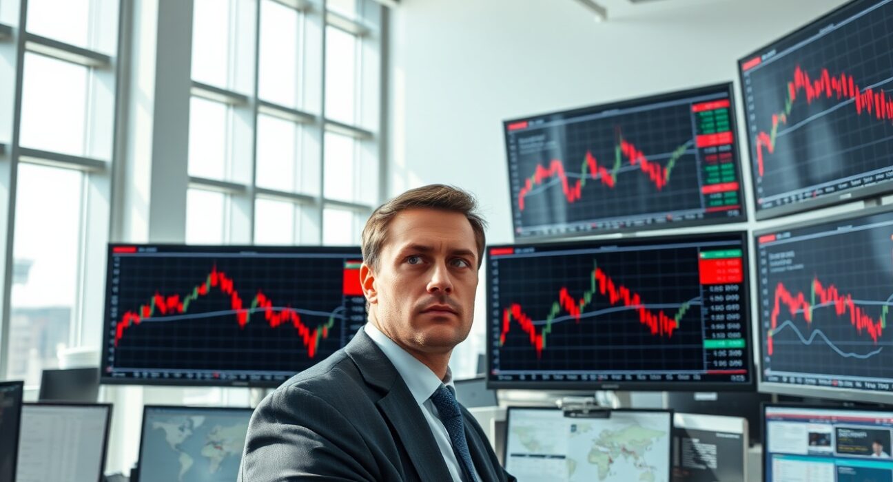 Trader analyzing Australian Dollar forex charts amid geopolitical uncertainty affecting currency markets