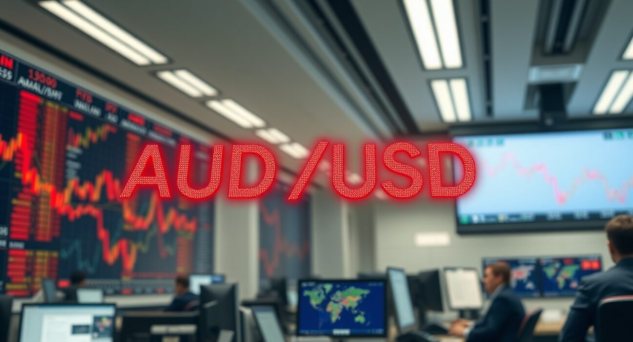 AUD/USD exchange rate displayed on a digital trading screen in a financial office, showing a decline.