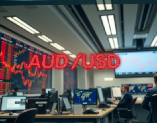 AUD/USD exchange rate displayed on a digital trading screen in a financial office, showing a decline.