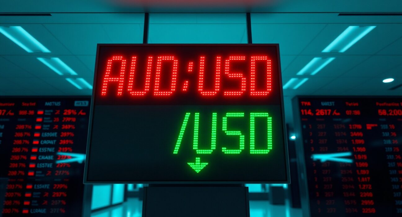 AUD/USD exchange rate board showing downward pressure after Australian CPI data release