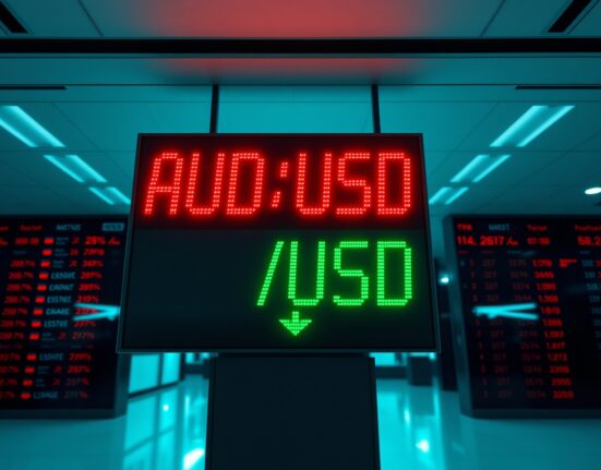 AUD/USD exchange rate board showing downward pressure after Australian CPI data release