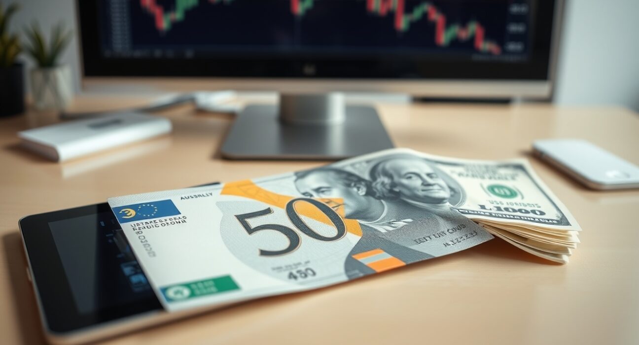 Close-up of Australian and US dollar banknotes with a financial chart on a tablet.