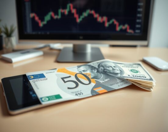 Close-up of Australian and US dollar banknotes with a financial chart on a tablet.