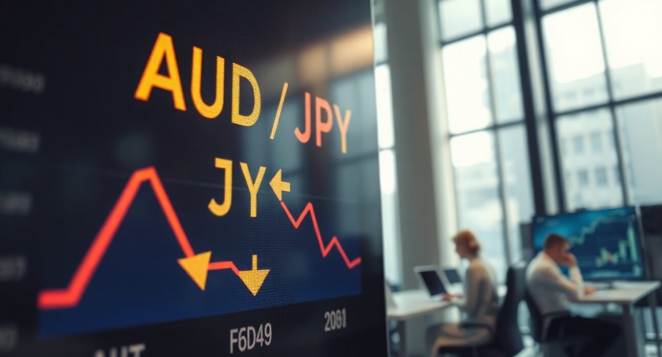 AUD/JPY exchange rate displayed on a financial trading screen with a downward trend