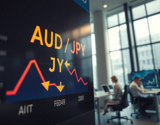 AUD/JPY exchange rate displayed on a financial trading screen with a downward trend