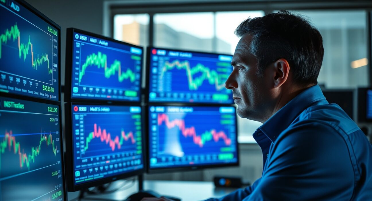 Financial analyst monitoring Australian Dollar forex charts and exchange rates on multiple screens in a modern trading office.