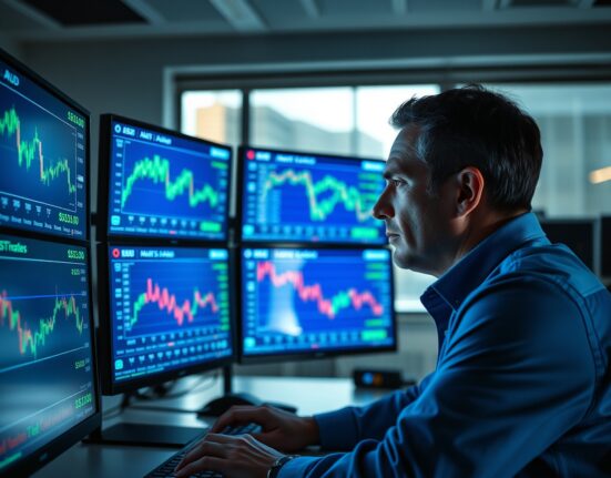 Financial analyst monitoring Australian Dollar forex charts and exchange rates on multiple screens in a modern trading office.