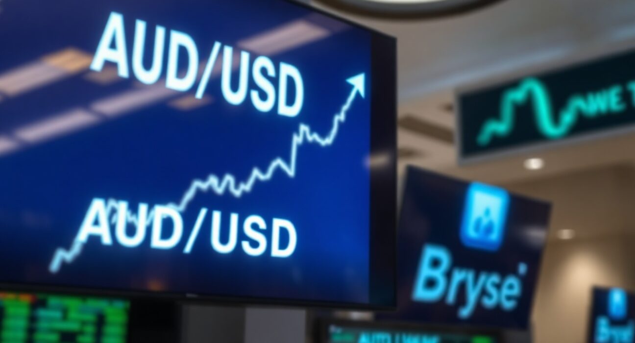 AUD/USD currency trading chart showing an upward trend on a financial screen
