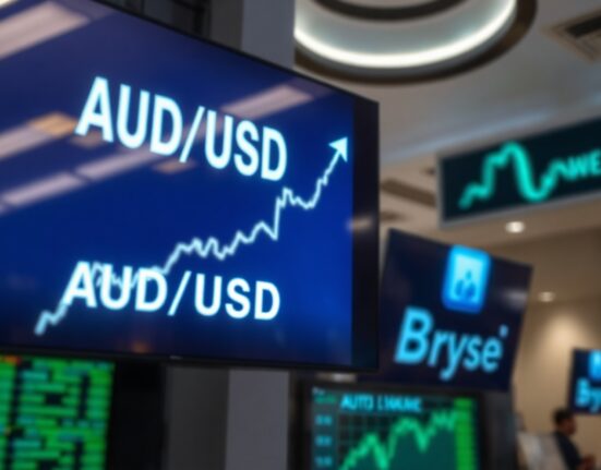 AUD/USD currency trading chart showing an upward trend on a financial screen