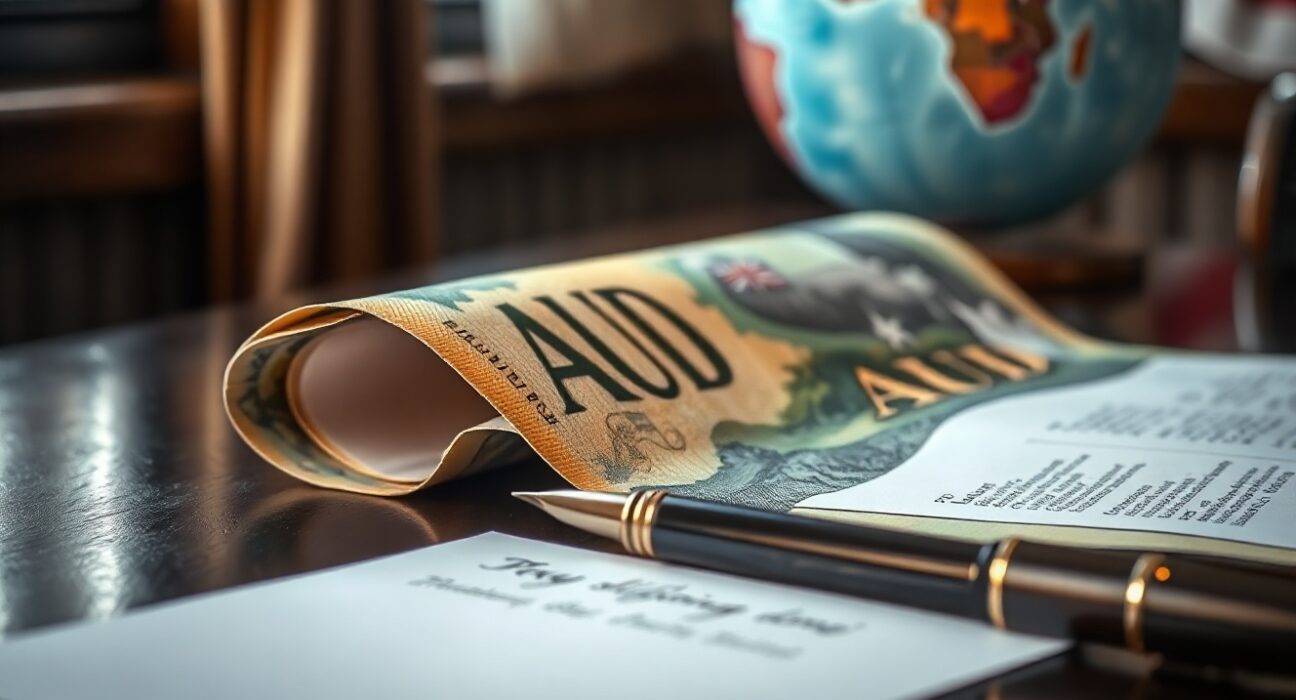 Australian Dollar banknote next to an unsigned peace document on a desk