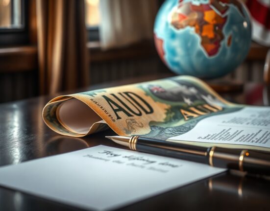 Australian Dollar banknote next to an unsigned peace document on a desk