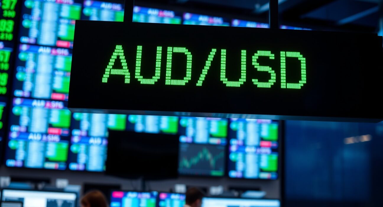 AUD/USD exchange rate displayed on a financial trading board in a professional trading floor environment.