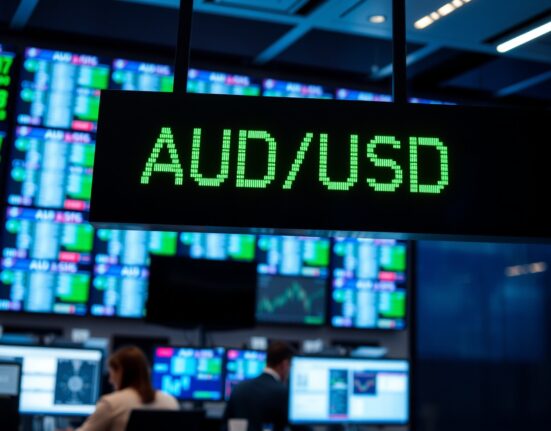 AUD/USD exchange rate displayed on a financial trading board in a professional trading floor environment.