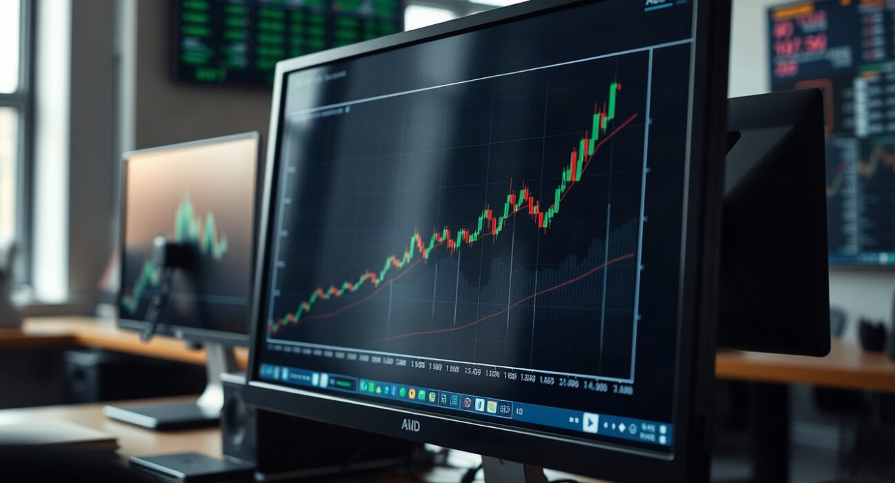 AUD/USD chart showing upward trend on a trading screen in a financial office