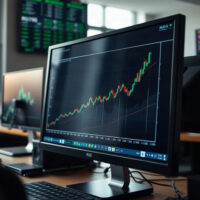 AUD/USD chart showing upward trend on a trading screen in a financial office
