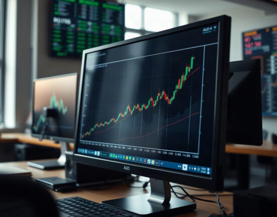 AUD/USD chart showing upward trend on a trading screen in a financial office