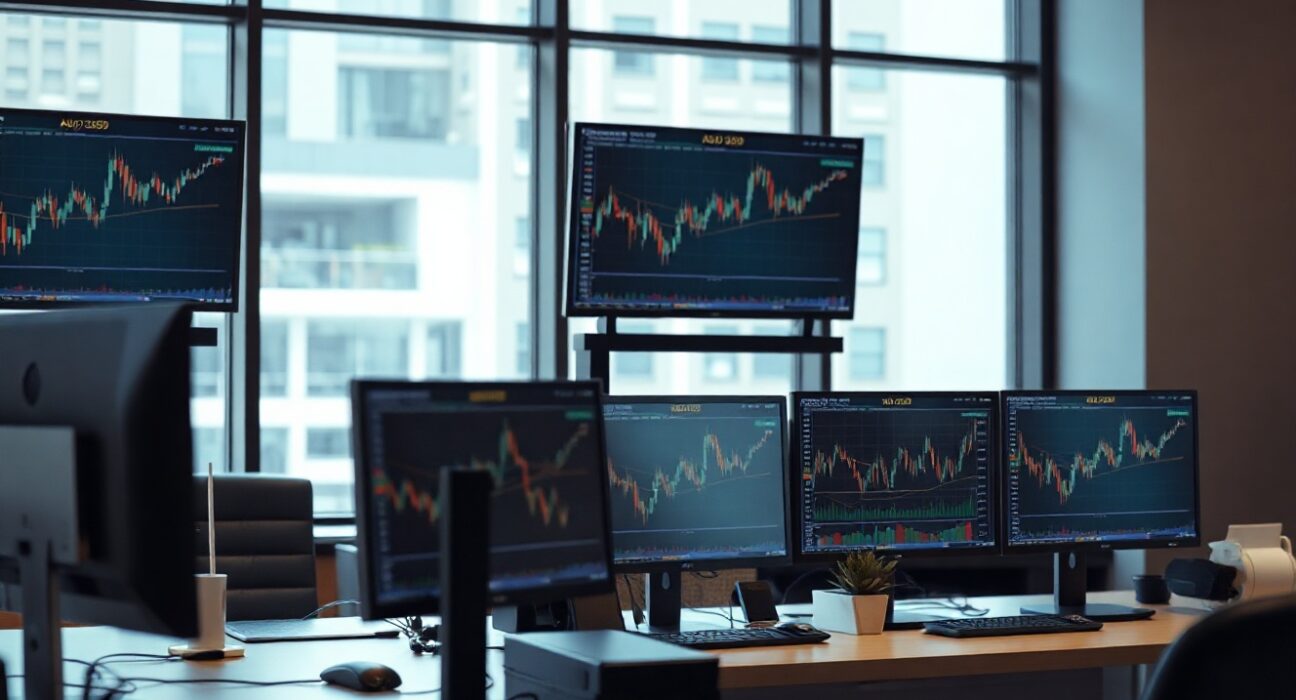 Forex trading screens showing AUD/USD pair near 0.7050 in a modern trading office