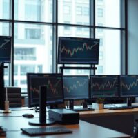 Forex trading screens showing AUD/USD pair near 0.7050 in a modern trading office