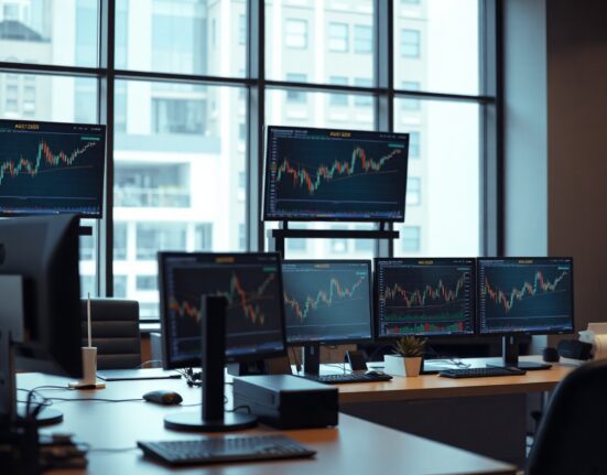 Forex trading screens showing AUD/USD pair near 0.7050 in a modern trading office