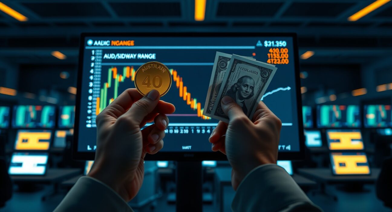 AUD/USD currency pair trading range displayed on a screen with Australian and US currency