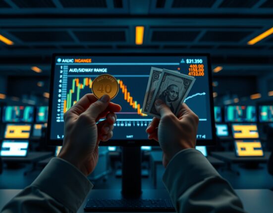 AUD/USD currency pair trading range displayed on a screen with Australian and US currency
