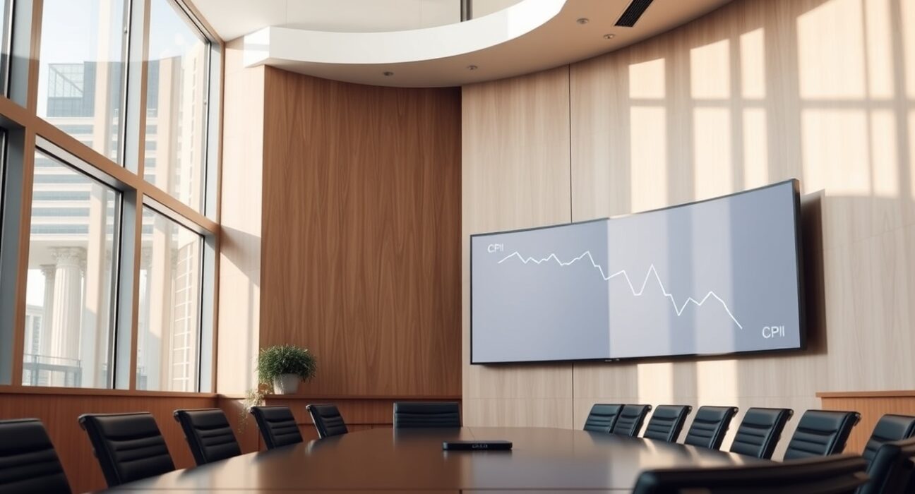 Interior of the Reserve Bank of Australia building with a screen showing CPI data charts.