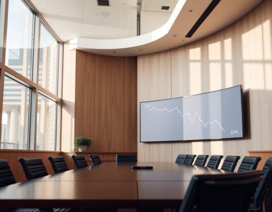 Interior of the Reserve Bank of Australia building with a screen showing CPI data charts.