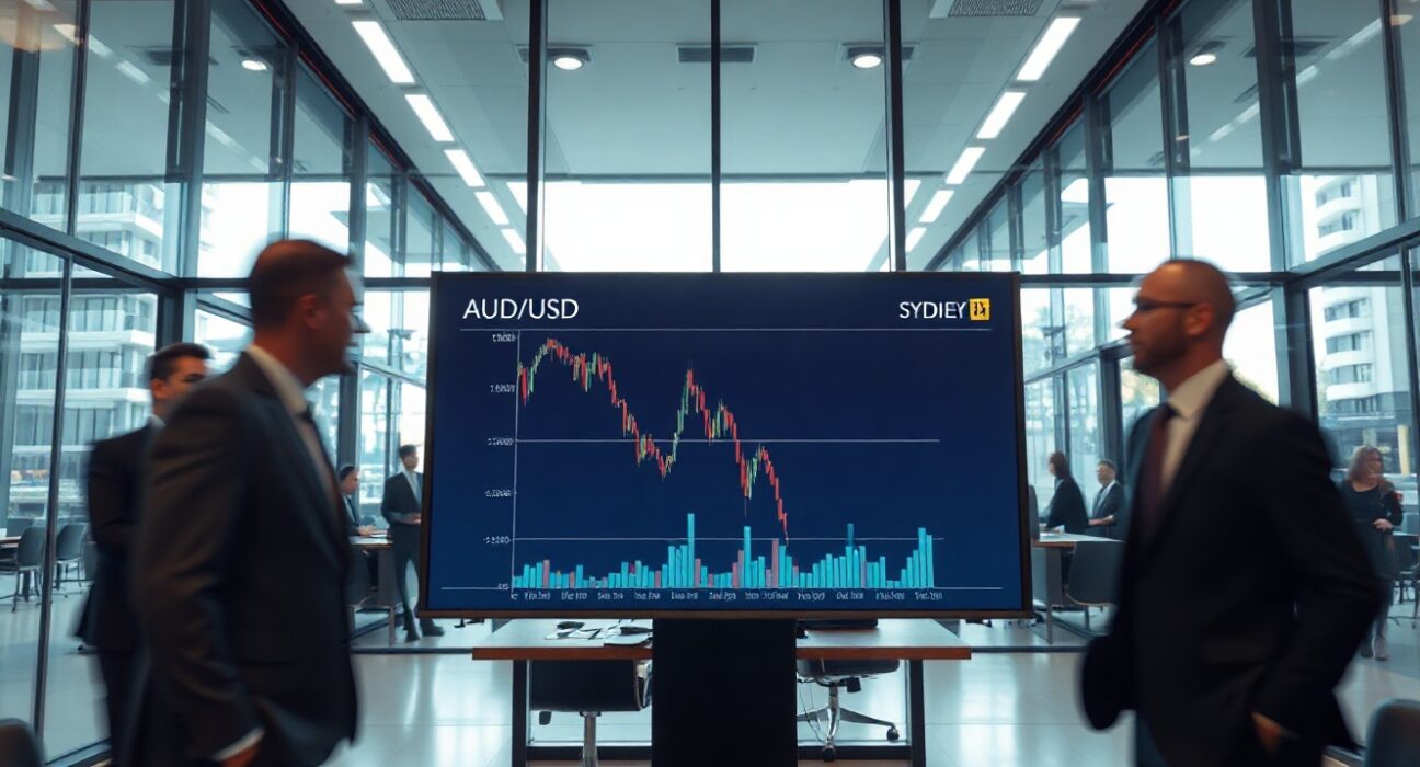 Trading floor screen showing AUD/USD chart with downward trend