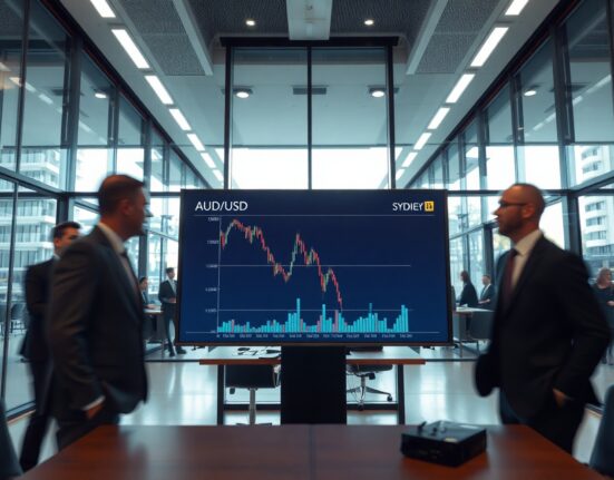 Trading floor screen showing AUD/USD chart with downward trend