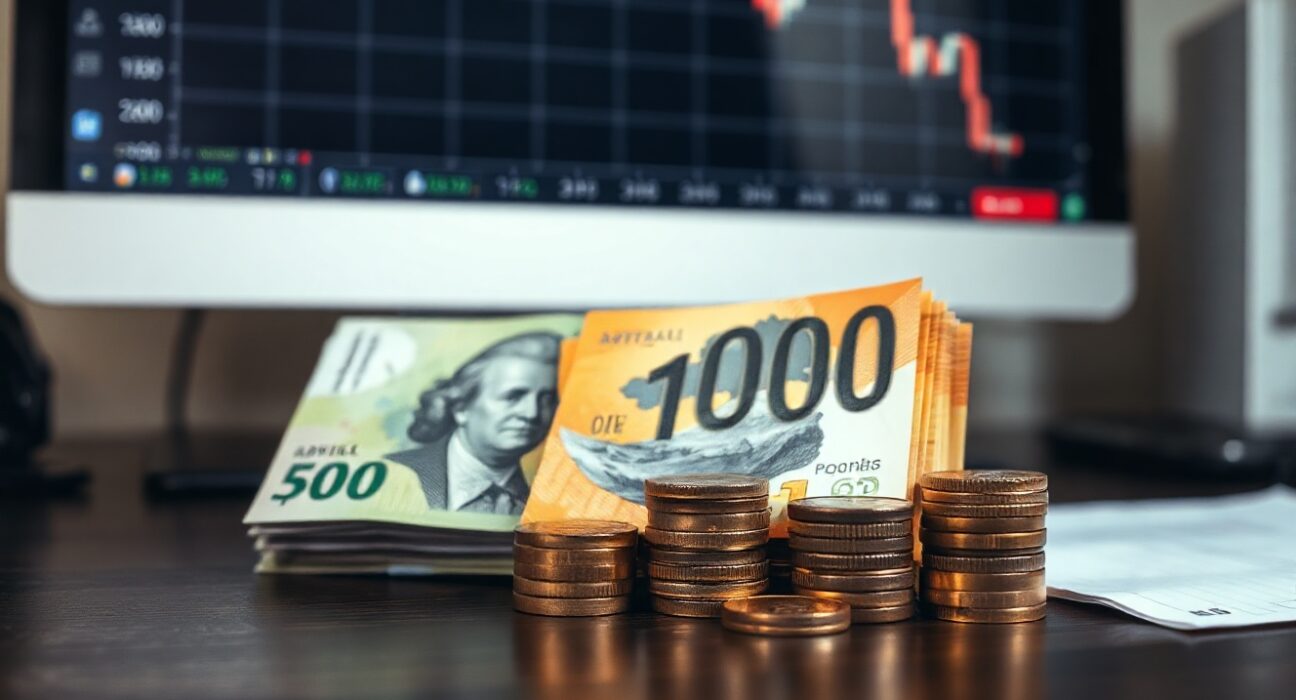 Australian dollar banknotes and coins on a desk with a financial chart in the background