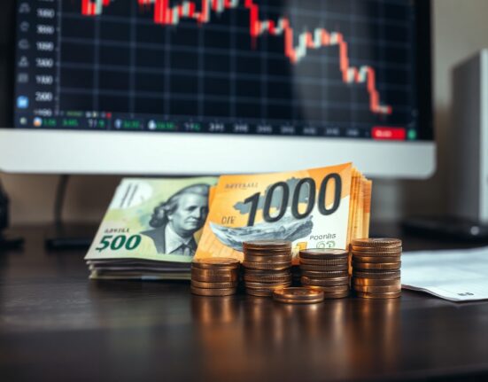 Australian dollar banknotes and coins on a desk with a financial chart in the background