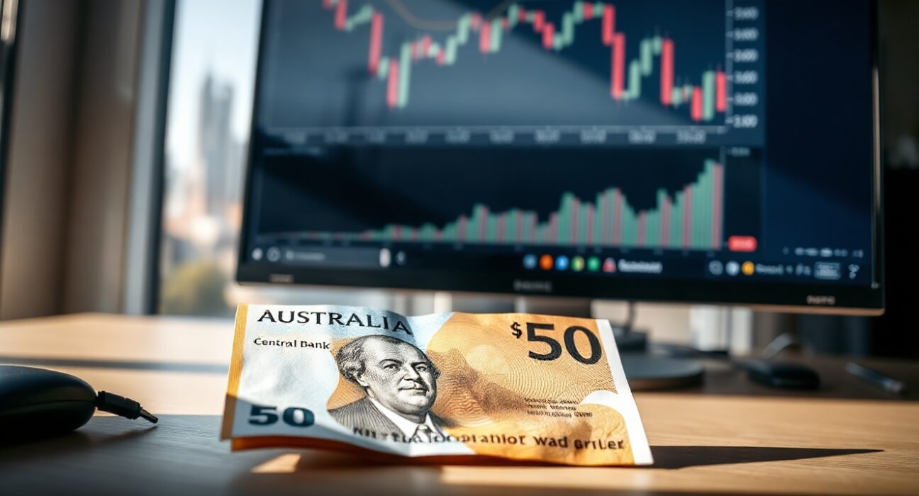 Australian dollar banknote on trading desk with financial charts on monitor
