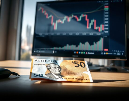 Australian dollar banknote on trading desk with financial charts on monitor
