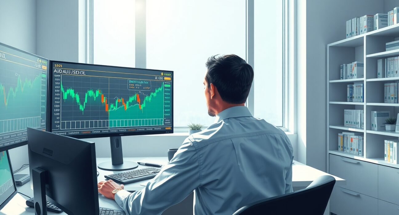Financial analyst reviewing Australian dollar and oil price data charts for currency market analysis