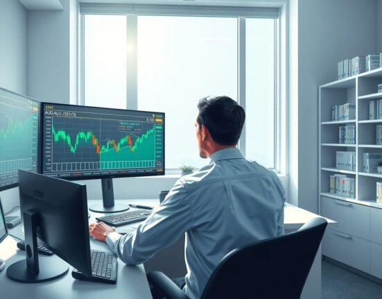 Financial analyst reviewing Australian dollar and oil price data charts for currency market analysis