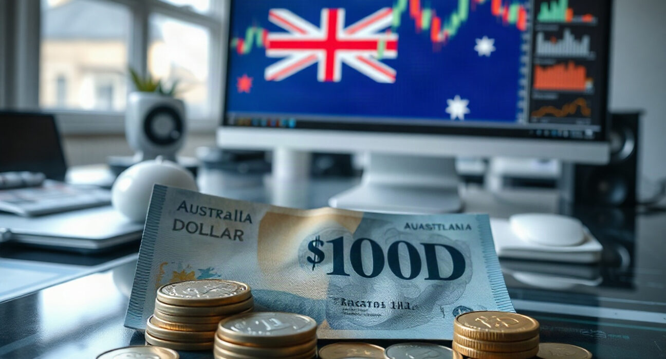 Australian dollar banknotes and coins on a desk with a financial chart on a monitor