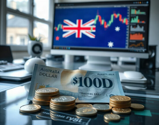 Australian dollar banknotes and coins on a desk with a financial chart on a monitor