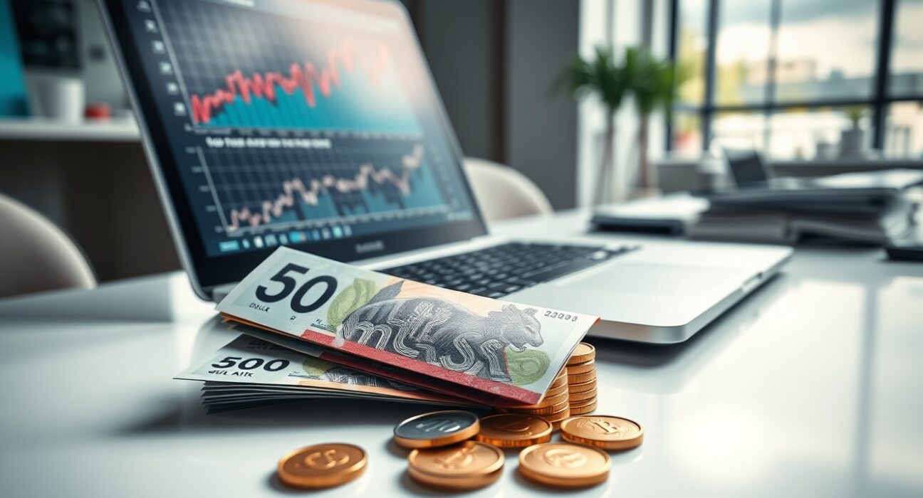 Australian dollar banknotes and coins on a desk with a laptop showing an upward chart