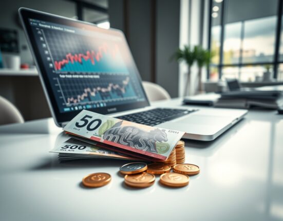 Australian dollar banknotes and coins on a desk with a laptop showing an upward chart