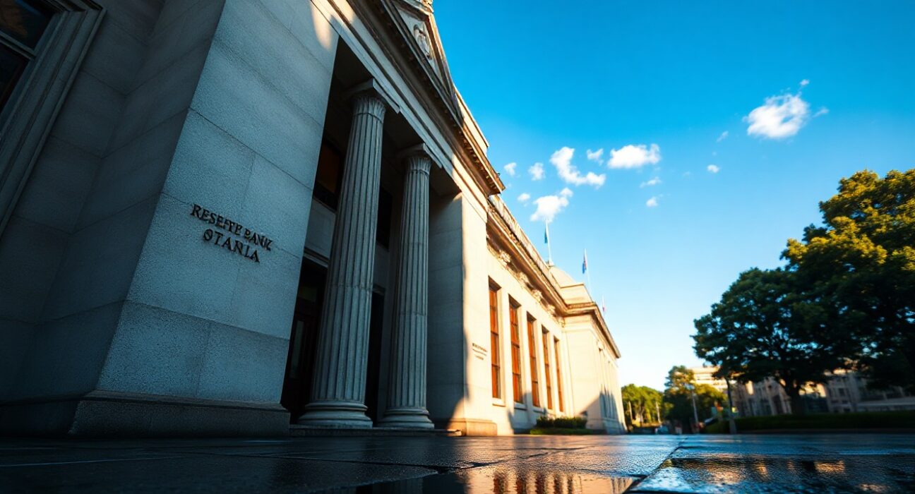 Reserve Bank of Australia building in Sydney on a sunny day with wet pavement reflecting the sky