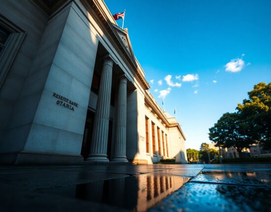 Reserve Bank of Australia building in Sydney on a sunny day with wet pavement reflecting the sky