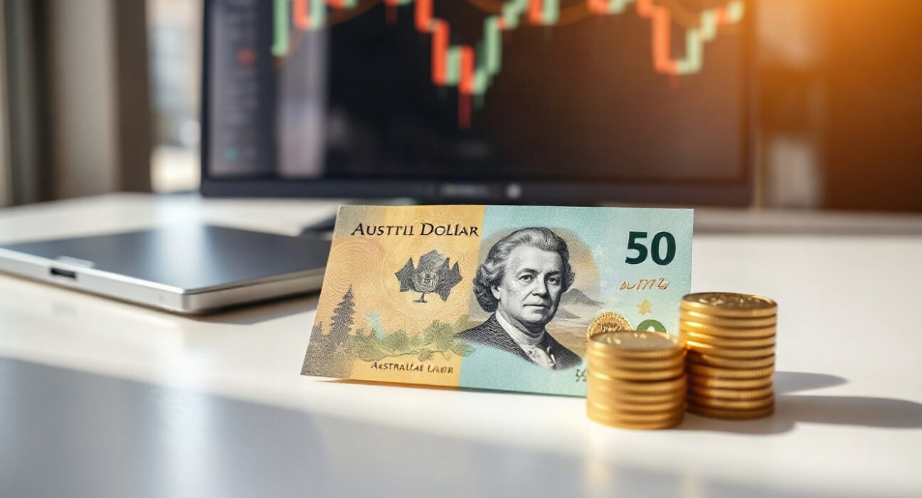 Australian Dollar banknotes and coins on a desk with a blurred financial chart background