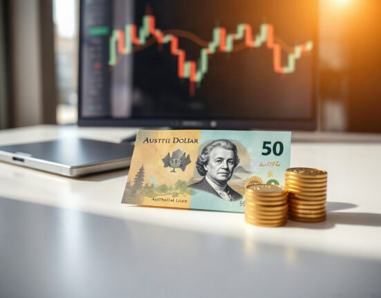 Australian Dollar banknotes and coins on a desk with a blurred financial chart background