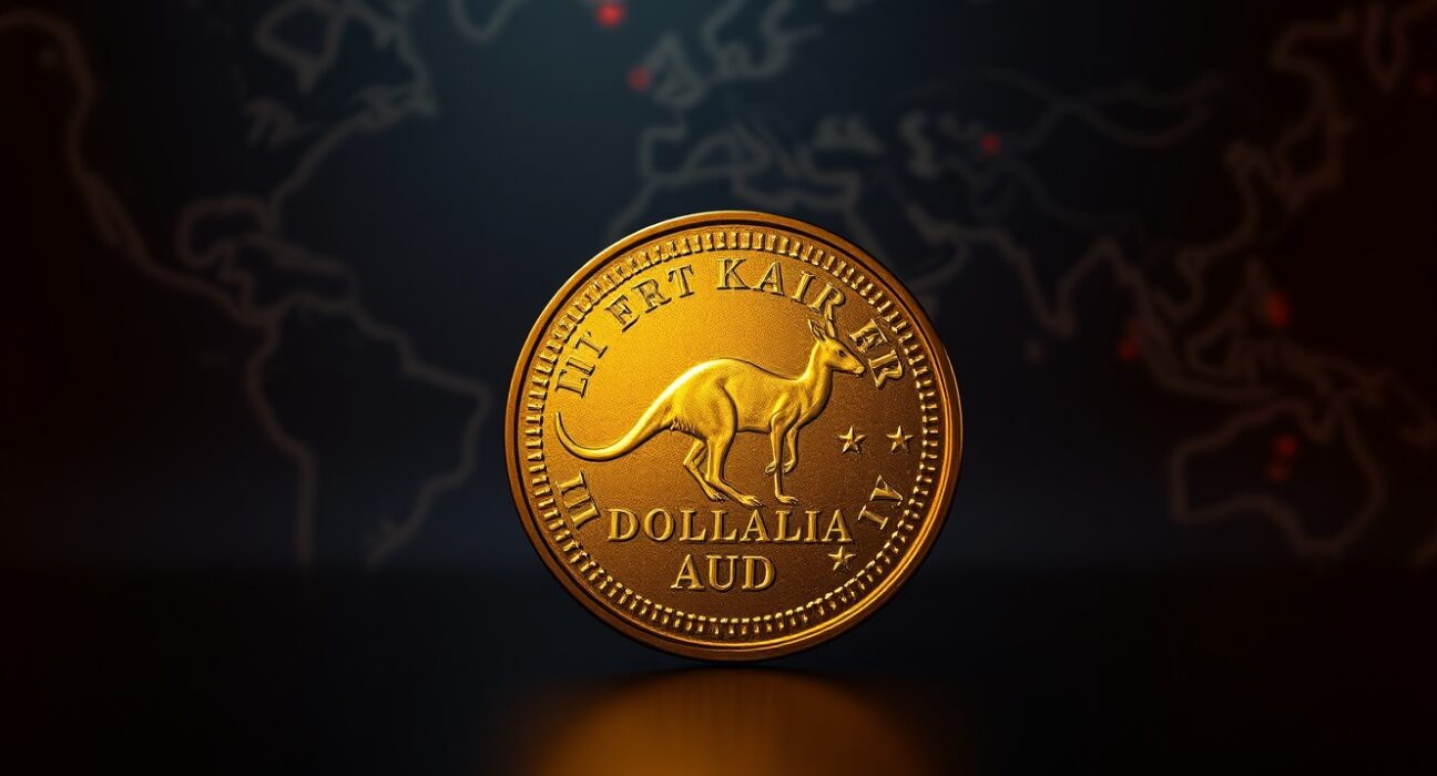 Australian Dollar coin on a map highlighting the Strait of Hormuz, symbolizing currency strength amid geopolitical tensions and RBA rate hike expectations.