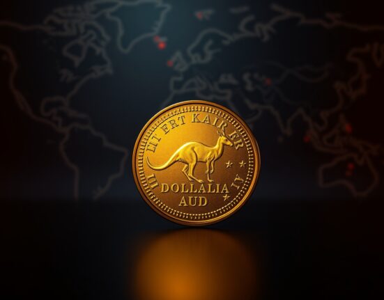 Australian Dollar coin on a map highlighting the Strait of Hormuz, symbolizing currency strength amid geopolitical tensions and RBA rate hike expectations.