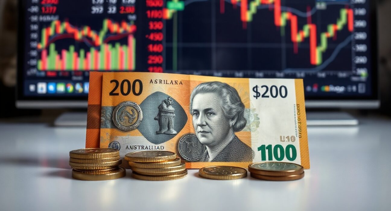 Australian Dollar banknotes and coins on a desk with financial charts in the background