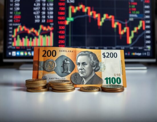 Australian Dollar banknotes and coins on a desk with financial charts in the background