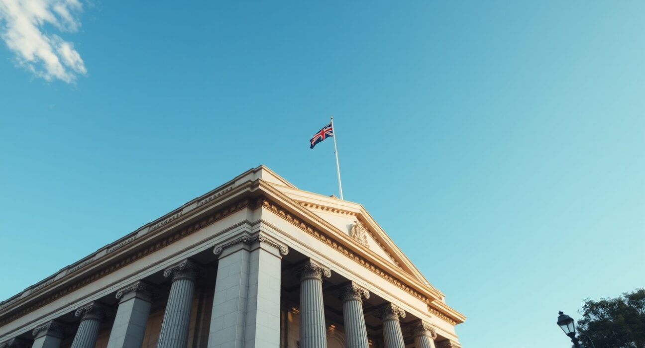 Reserve Bank of Australia building in Sydney on a clear day, representing monetary policy decisions.