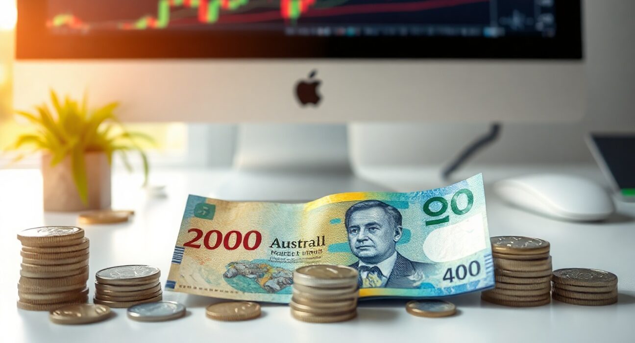 Australian Dollar banknotes and coins on a desk with financial charts in background