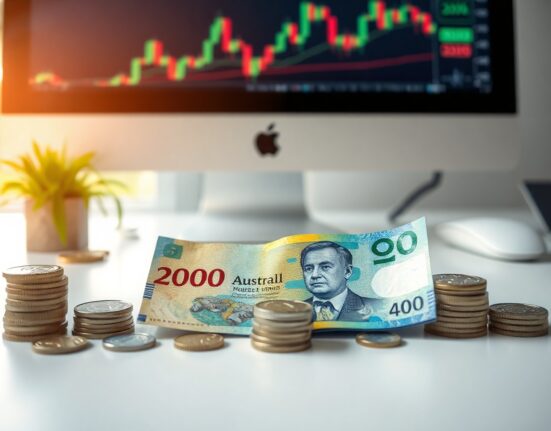 Australian Dollar banknotes and coins on a desk with financial charts in background